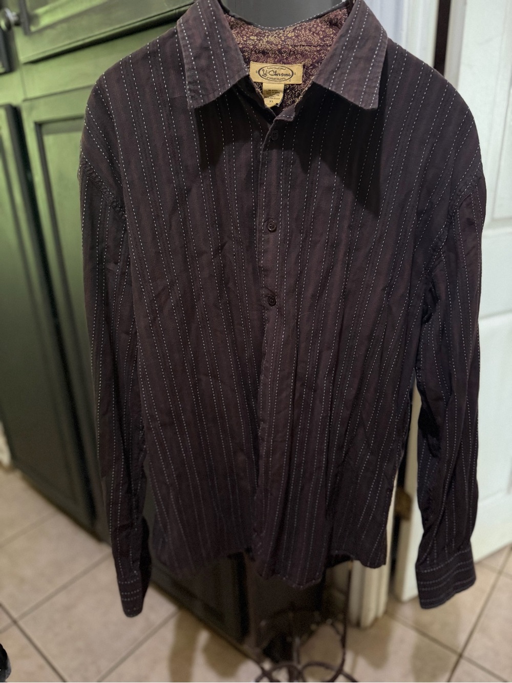 Y-Chrome Brown Button-Down Shirt with White Pinstripes Size XL